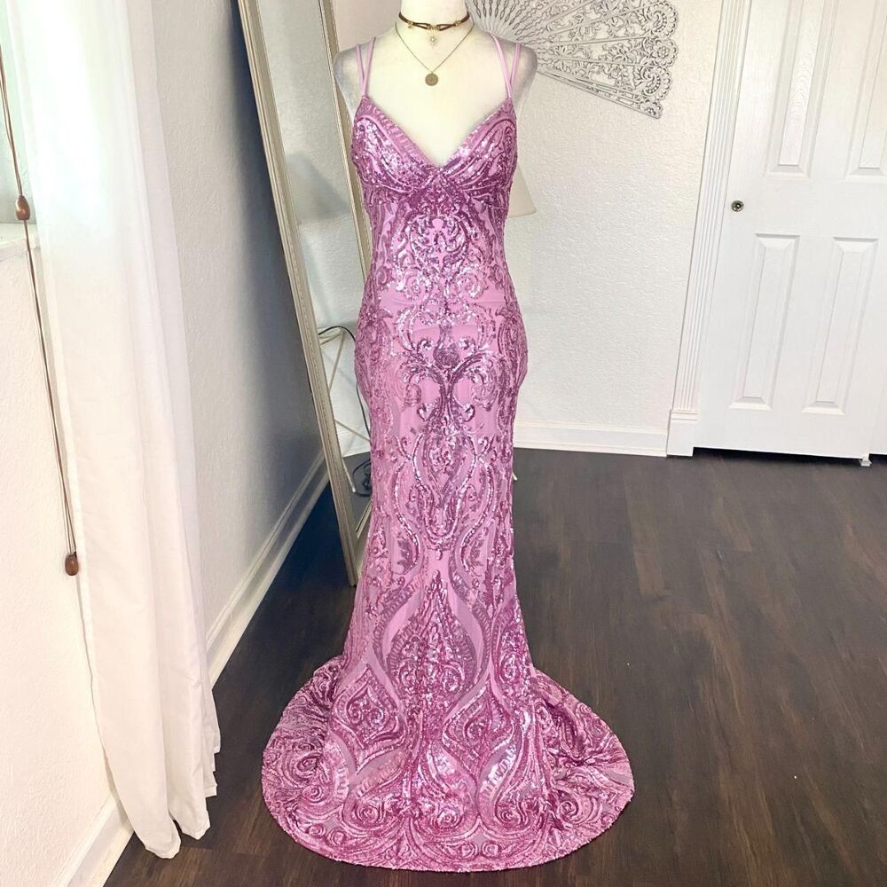 B Darlin Pink Early 2000's Princess Sequin Mermaid Trail Prom Formal Dress M 10